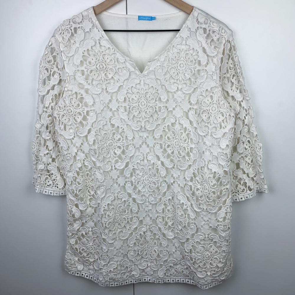 J. McLaughlin Linen Cotton Lace 1/2 Sleeve V Neck Top Blouse White Large